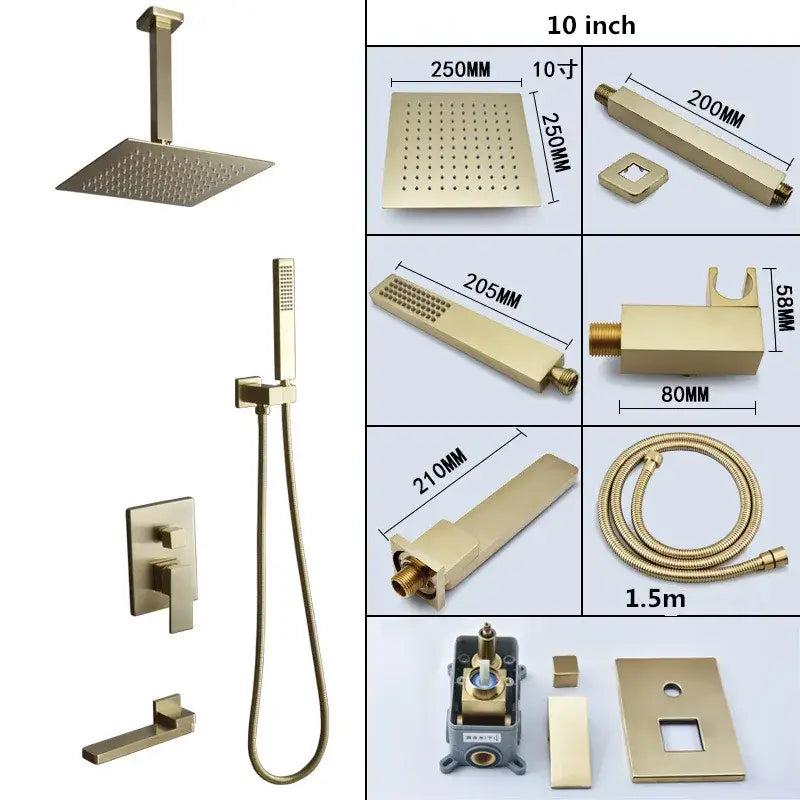 Modern brushed gold shower set with square rainfall head handheld sprayer and wall-mounted control valve by decorbites brushed gold