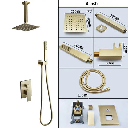 Modern brushed gold shower set with square rainfall head handheld sprayer and wall-mounted control valve decorbites brushed gold
