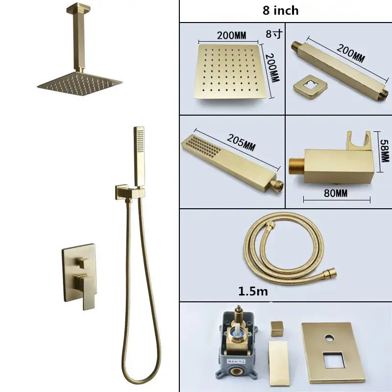 Modern brushed gold shower set with square rainfall head handheld sprayer and wall-mounted control valve decorbites brushed gold
