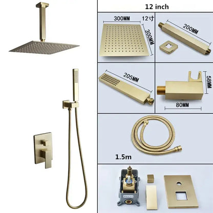 Modern brushed gold shower set featuring a 12-inch square rain shower head with perforated surface for even water distribution decorbites brushed gold