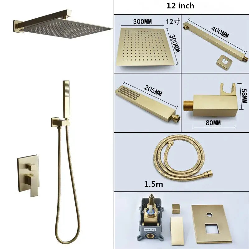 Modern brushed gold shower set with square rainfall head featuring a gold-finished perforated showerhead for even water distribution