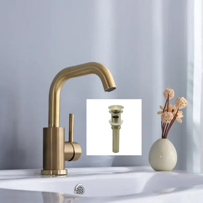 Modern brushed gold basin faucet with brass finish single handle and sleek curved spout for bathroom use