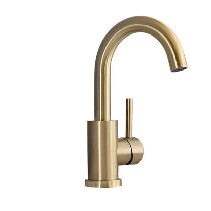 Modern brushed gold single handle basin faucet with brass finish and sleek curved spout for bathroom use