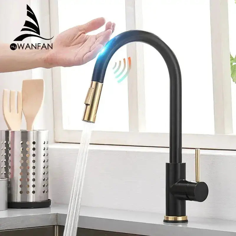 Black and gold wireless smart sensor kitchen faucet with dual outlet and modern brushed gold finish design