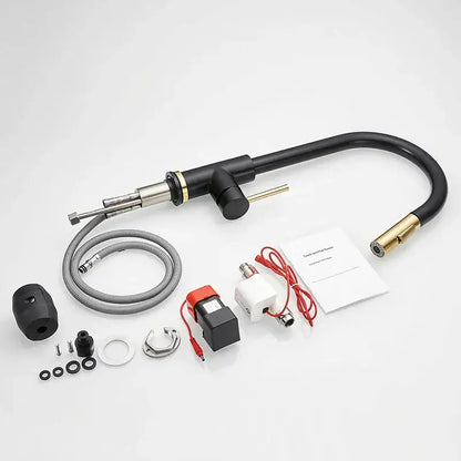 Modern brushed gold smart sensor kitchen faucet with black and brass curved spout and stainless steel handle accents