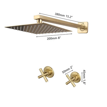 Modern brushed gold square rainfall shower set with gold-finished square showerhead and matching cross-handle faucets