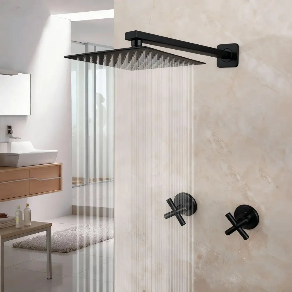 Modern brushed gold square rainfall shower set with black matte finish square rain shower head and matching wall bracket