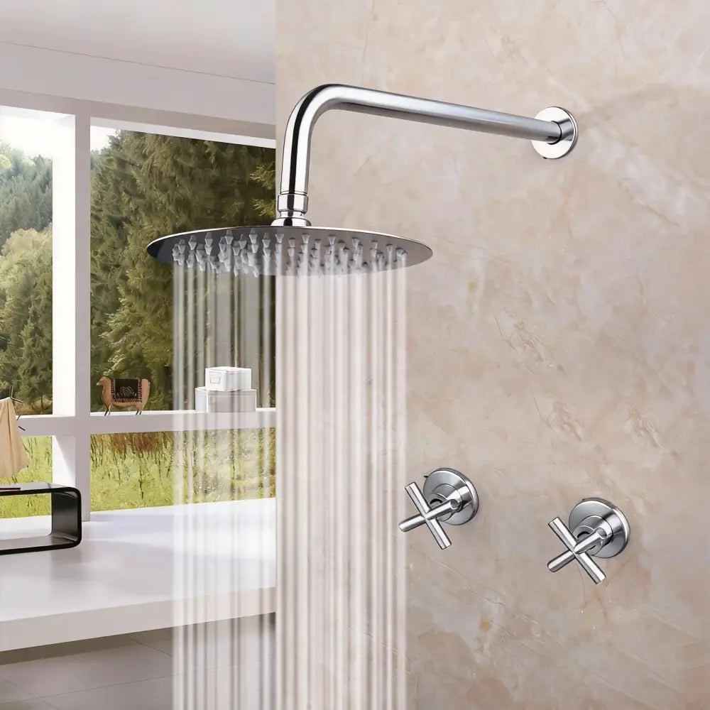 Modern brushed gold square rainfall shower set with chrome finished shower head and dual cross wall controls
