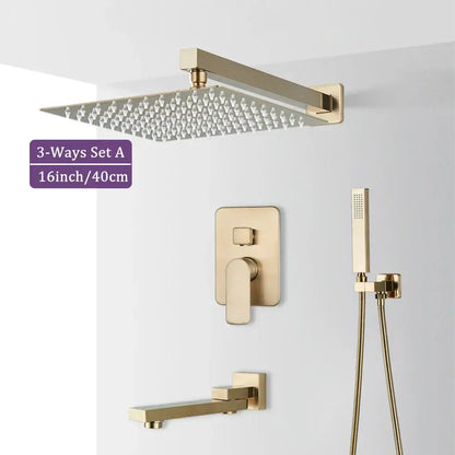 Gold-finished 16-inch square rain shower head with multiple nozzles in modern brushed gold shower faucet set