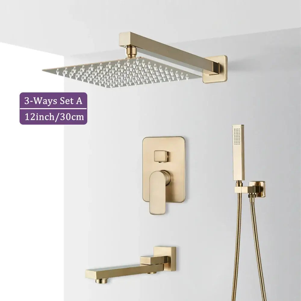 Modern brushed gold rectangular shower faucet set with multiple spray nozzles for minimalist rainfall shower experience