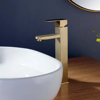 Modern brushed gold stainless steel basin mixer faucet with a sleek geometric design and decorbites brushed gold finish