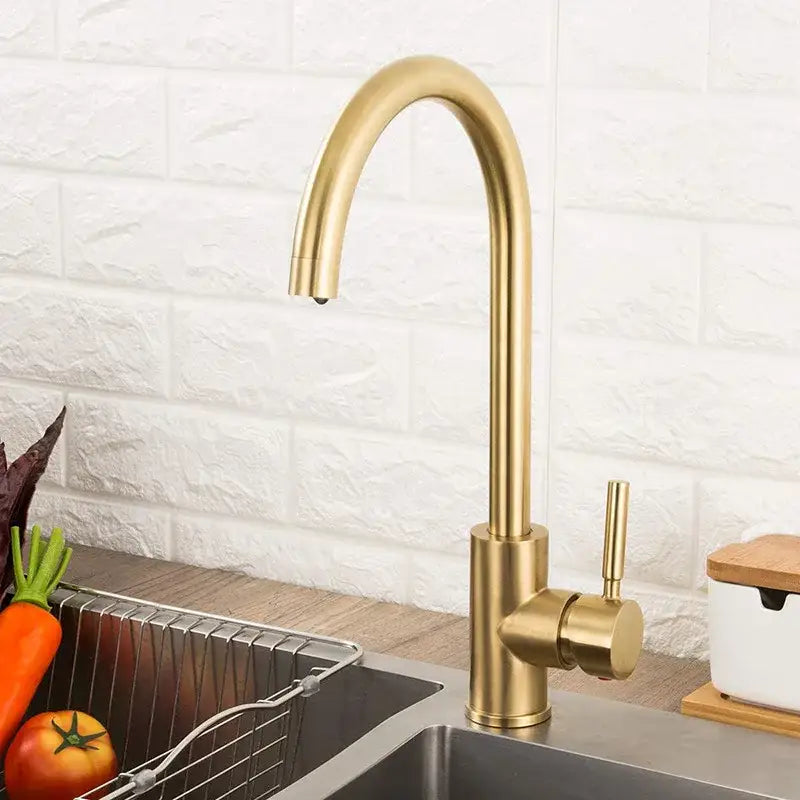 Modern brushed gold stainless steel kitchen faucet with curved spout and single lever handle for kitchen use