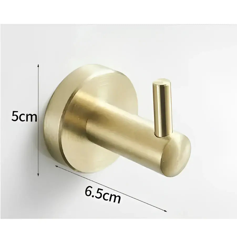Modern brushed gold stainless steel robe hook with brass finish circular base and cylindrical wall-mounted arm