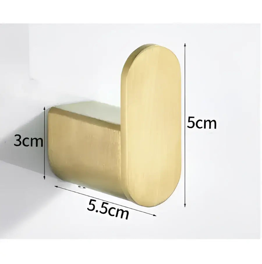 Modern brushed gold stainless steel robe hook with l-shaped design and brushed finish measuring 5 by 3 by 5.5 cm