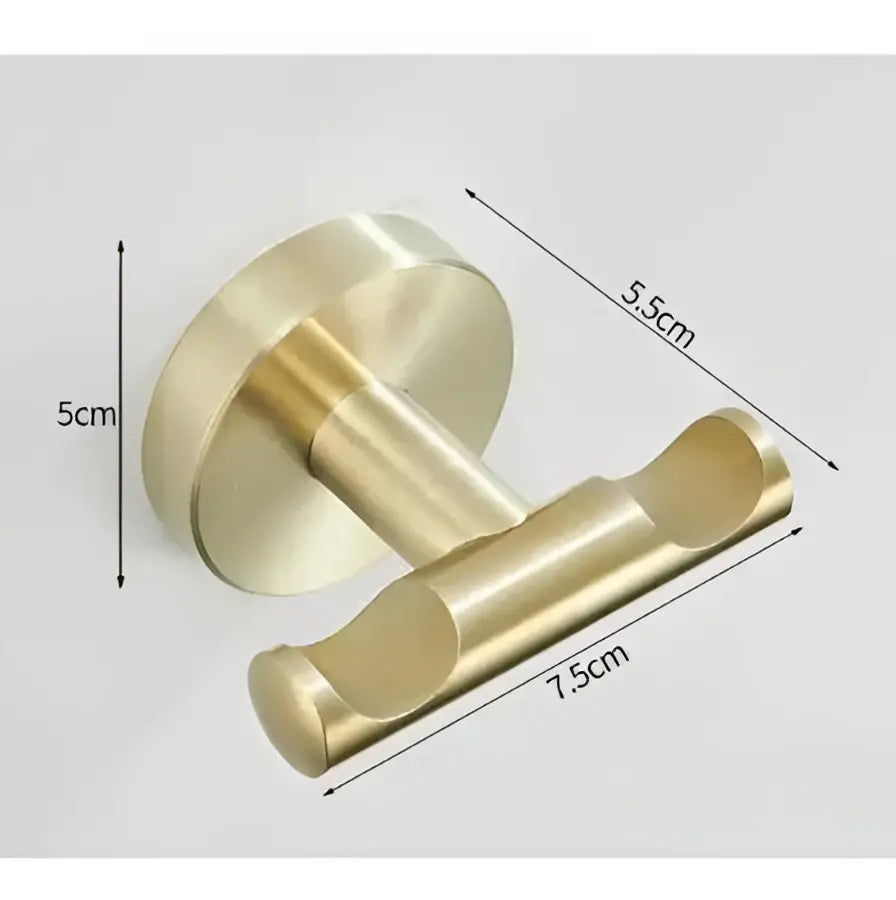 Brass double robe hook with polished finish and cylindrical design for modern brushed gold stainless steel bathroom use