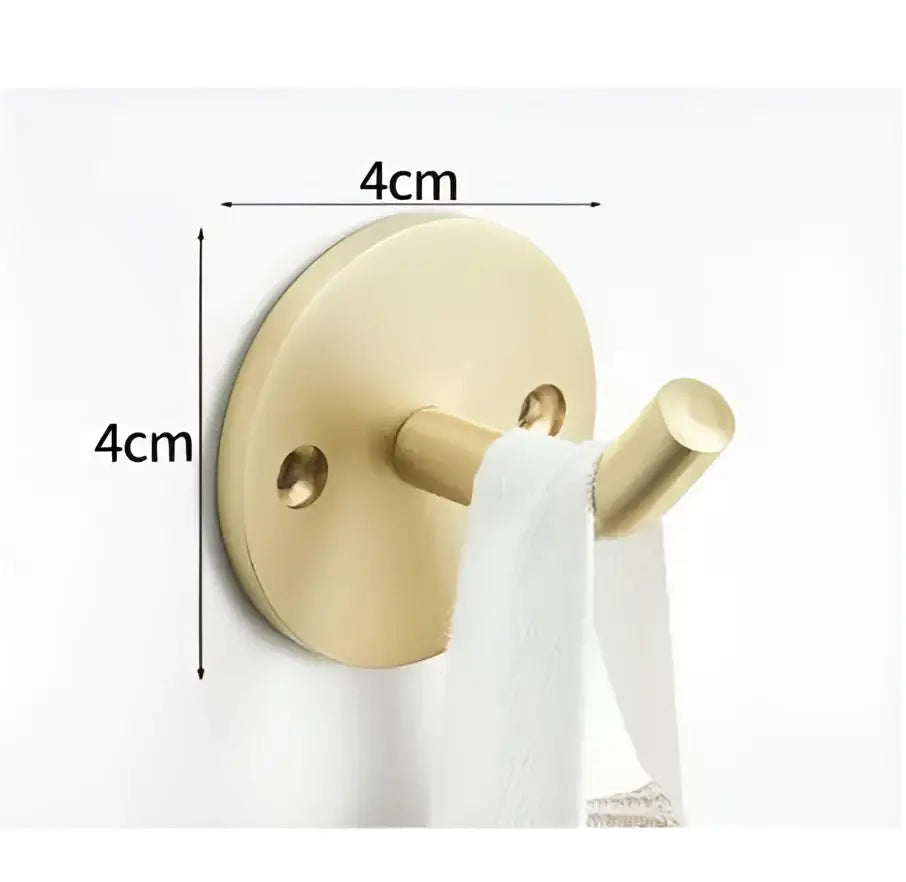 Modern brushed gold stainless steel robe hook with circular wall mount and double cylindrical hooks for bathroom use