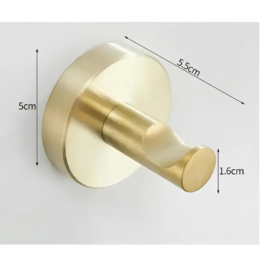 Modern brushed gold stainless steel robe hook with circular base and curved hanging arm for bathroom use