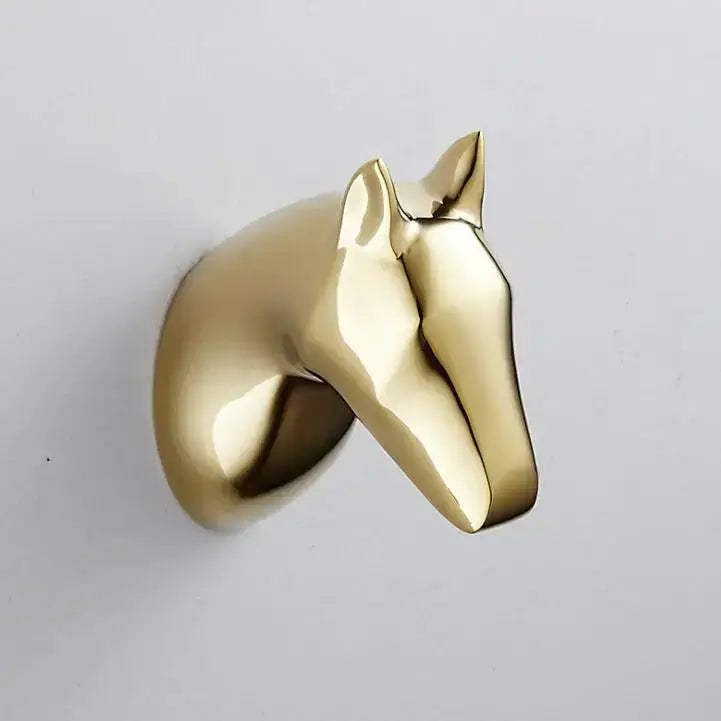 Modern brushed gold stainless steel robe hook featuring a sleek horse head design for bathroom hanging