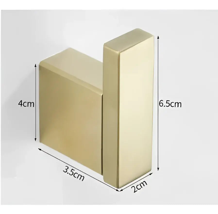 Modern brushed gold stainless steel robe hook with rectangular shape and precise dimensions for bathroom use