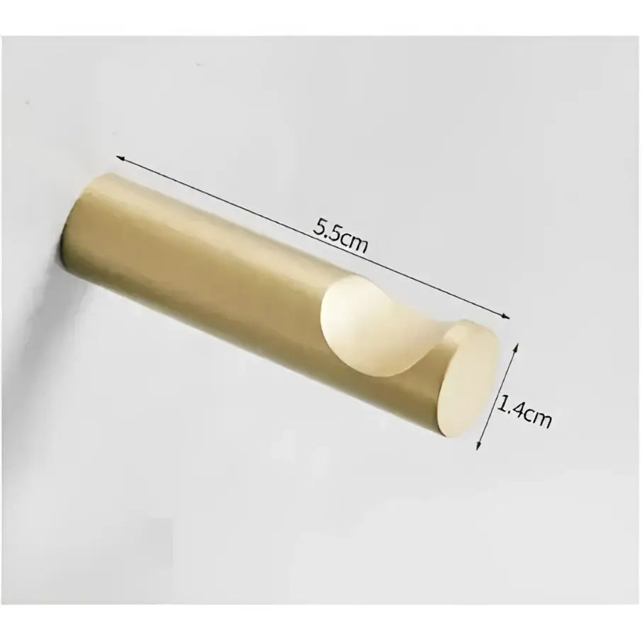 Modern brushed gold stainless steel robe hook with a gold cylindrical design and smooth curved cutout end for bathroom use