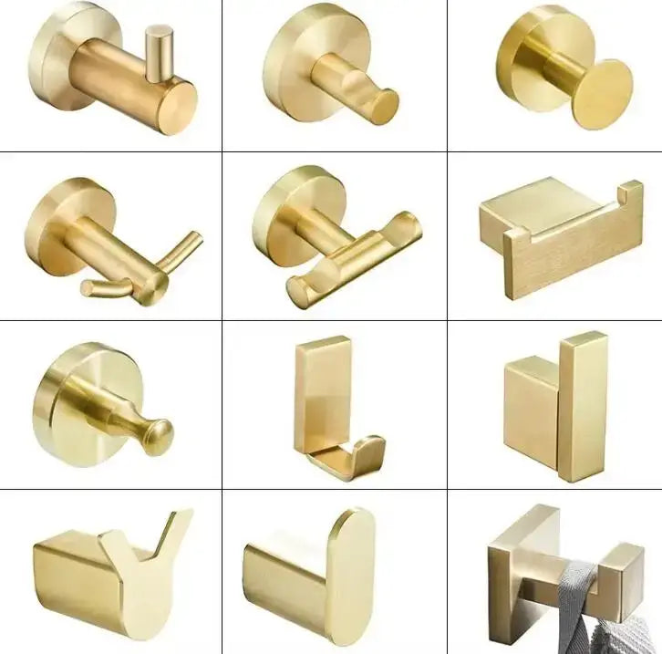 Modern brushed gold stainless steel robe hooks in various shapes and sizes for bathroom hanging use