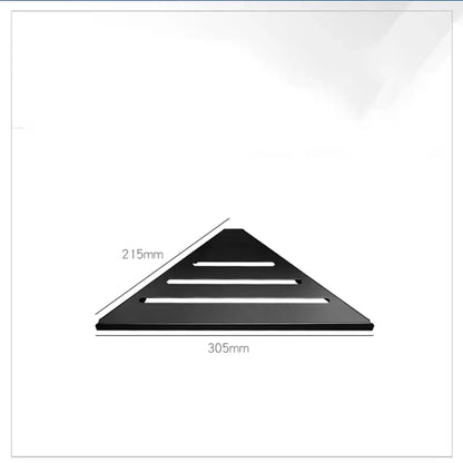 Black triangular wall shelf with three horizontal slats for modern brushed gold stainless steel shower storage