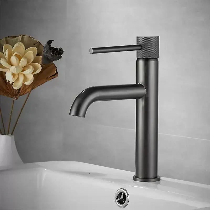 Modern matte black faucet with sleek minimalist design and textured handle for bathroom basin decorbites brushed gold swivel