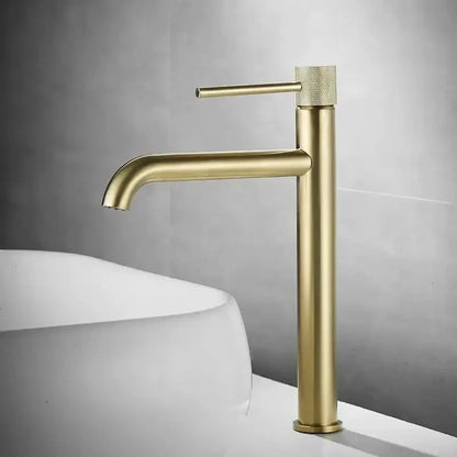 Modern brushed gold swivel bathroom basin sink faucet with knurled handle and sleek cylindrical spout by decorbites