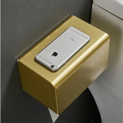 Modern brushed gold metallic tissue box holder designed as a stylish paper holder for bathroom toilet paper use