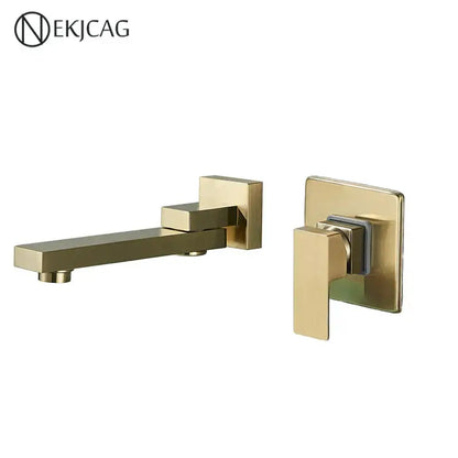 Modern brushed gold wall mounted basin faucet with a sleek rectangular spout and square handle for bathroom use