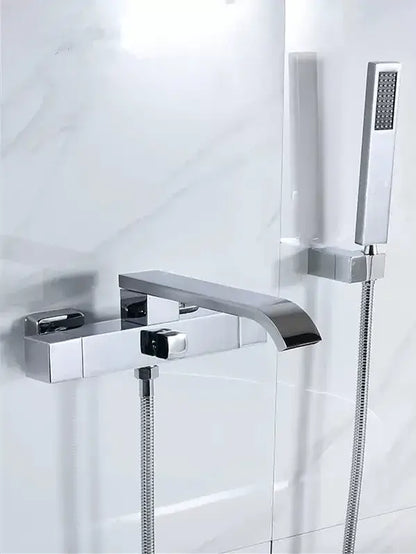Modern chrome-finished bathtub faucet with sleek rectangular design and matching handheld for decorbites brushed gold wall mounted set