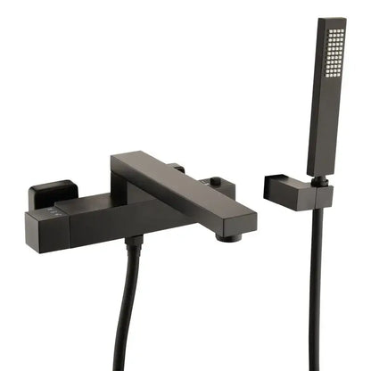 Modern matte black bathtub faucet with integrated showerhead complements decorbites brushed gold wall mounted set