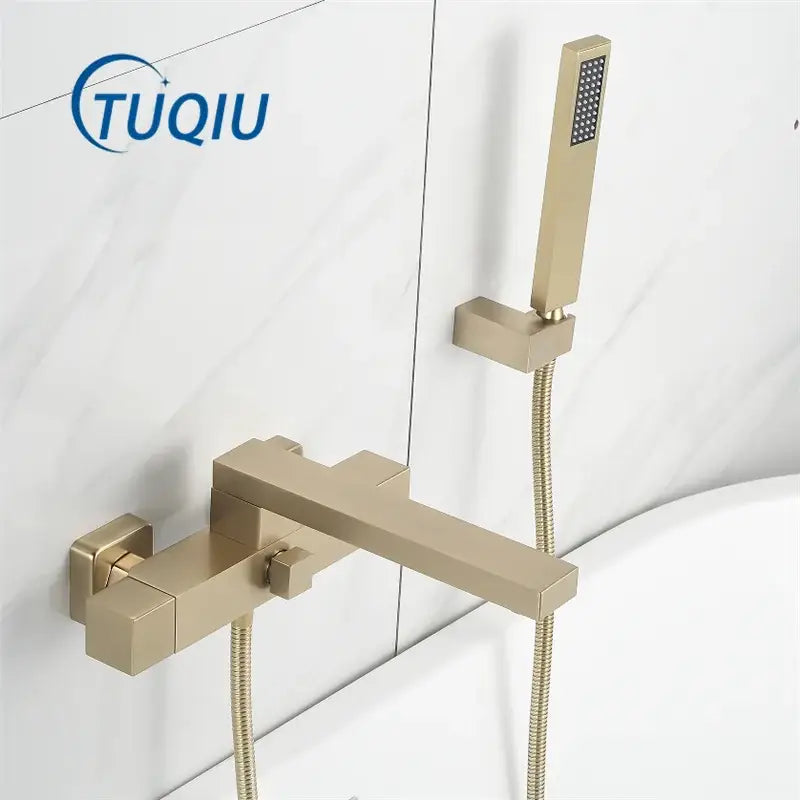 Modern brushed gold wall mounted waterfall bathtub set with decorbites brushed gold faucet and handheld showerhead