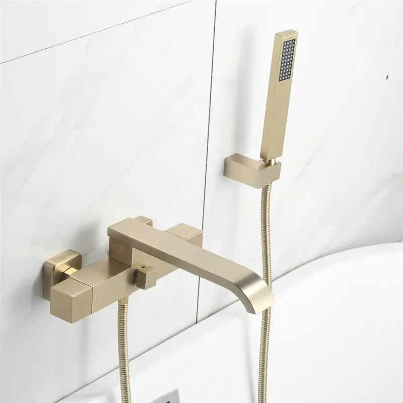 Modern brushed gold wall mounted waterfall bathtub set with decorbites brushed gold faucet and matching handheld showerhead