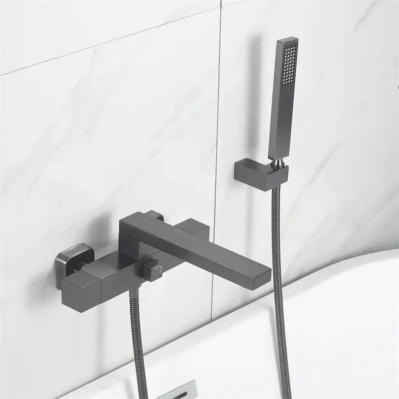 Modern matte black bathtub faucet with handheld paired with decorbites brushed gold wall mounted waterfall set