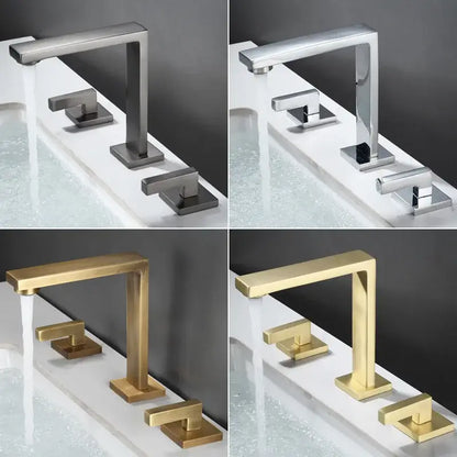 Modern brushed gold basin faucet with rectangular waterfall spout and square base handles in brushed nickel chrome brass finishes