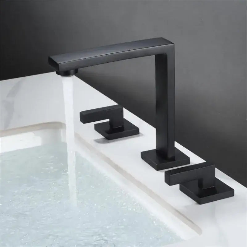 Black matte basin faucet with three square handles and sleek angular spout for modern bathroom decorbites brushed gold style