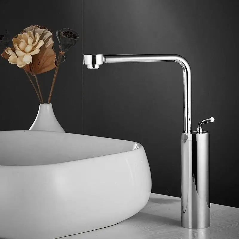 Modern chrome-finished waterfall faucet with sleek cylindrical base and curved spout for decorbites brushed gold faucet swivel sink