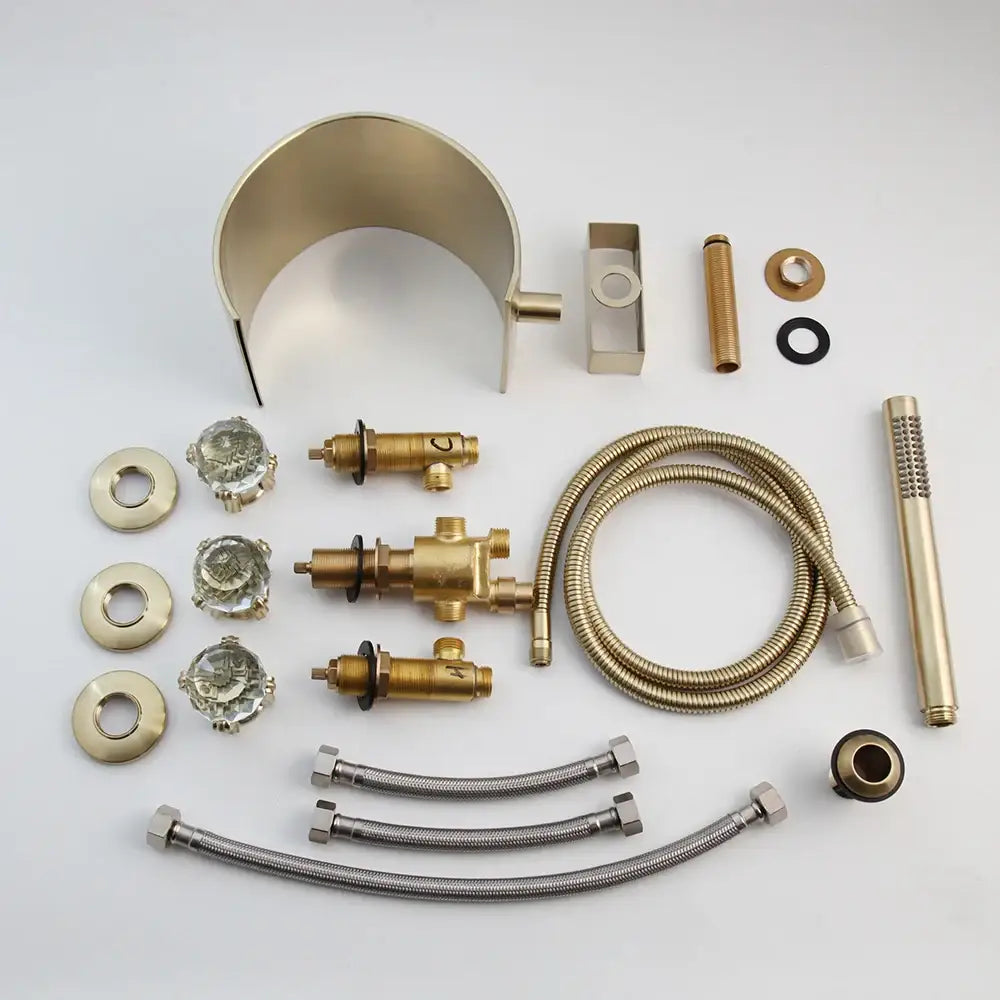 Brass shower faucet set with crystal knobs wall mounted single handle modern brushed gold waterfall design