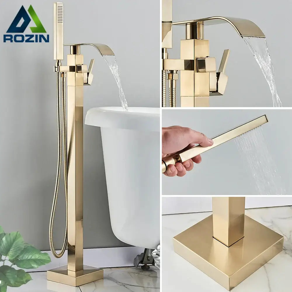 Modern brushed gold tub faucet with waterfall spout and handheld showerhead from decorbites brushed gold collection