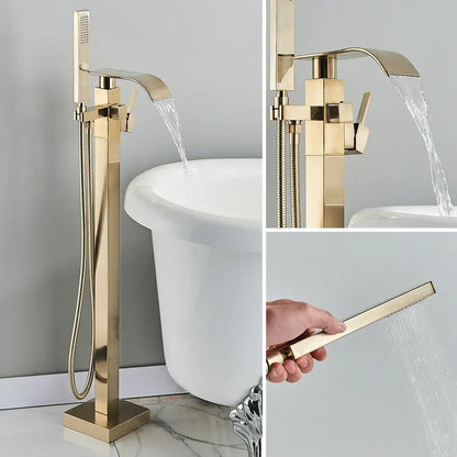 Modern brushed gold waterfall tub faucet with a sleek geometric design and integrated handheld showerhead by decorbites