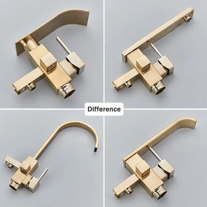 Modern brushed gold tub faucet with sleek angular design and curved spout for decorbites brushed gold bathroom