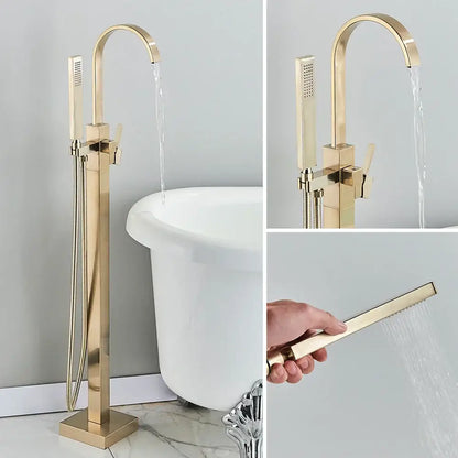 Modern brushed gold waterfall tub faucet with sleek design and integrated handheld showerhead for bathroom decorbites brushed gold