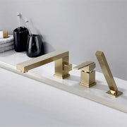Modern brushed gold widespread shower faucet with sleek geometric design and integrated handheld showerhead decorbites brushed gold