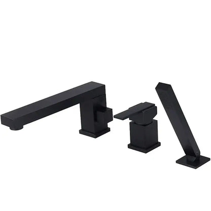 Modern brushed gold shower faucet with handheld set featuring black matte angular geometric design decorbites brushed gold