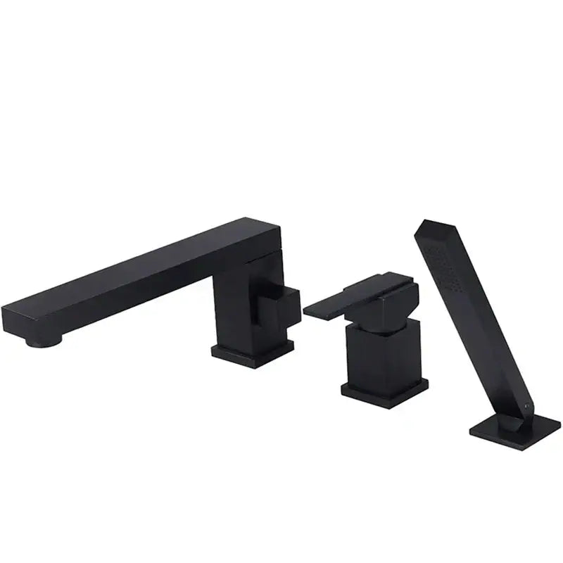 Modern brushed gold shower faucet with handheld set featuring black matte angular geometric design decorbites brushed gold