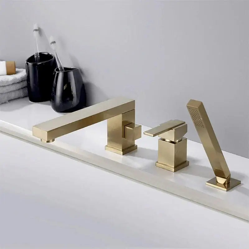 Modern brushed gold widespread shower faucet set with sleek geometric design and integrated handheld showerhead decorbites brushed gold