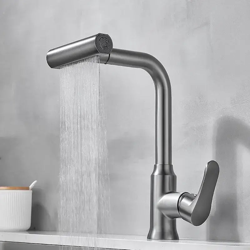 Modern brushed gray waterfall kitchen faucet with pull out spray head and sleek curved stainless steel spout
