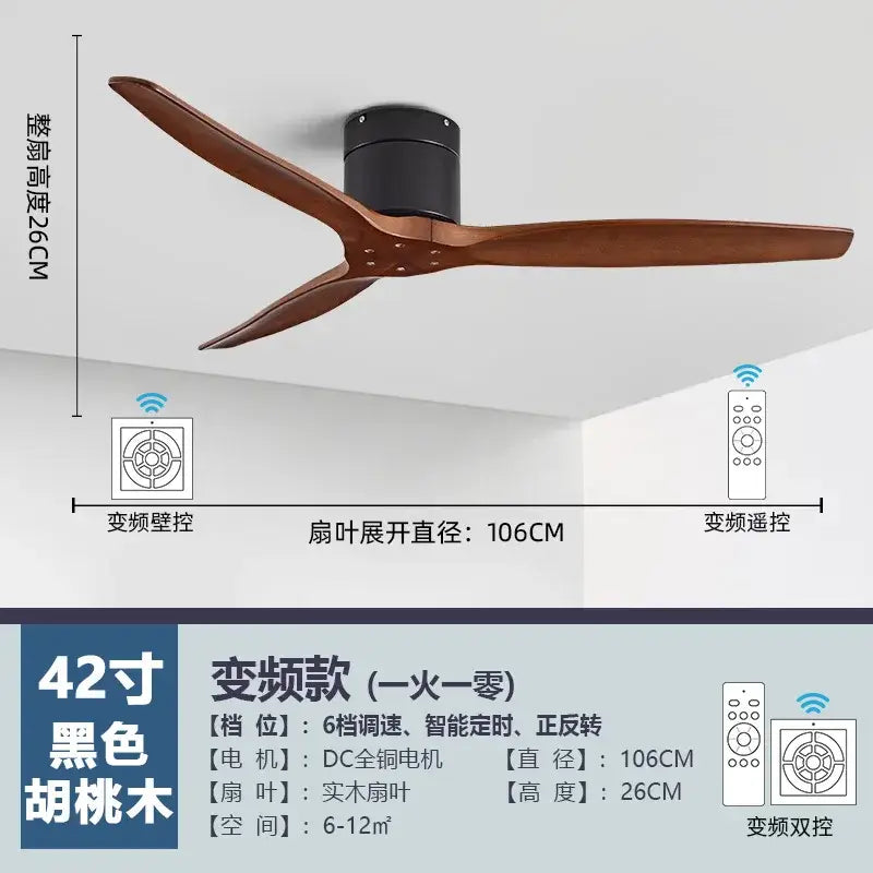 A sleek 42-inch black walnut luxury ceiling fan with three slender wood blades and modern cylindrical motor housing