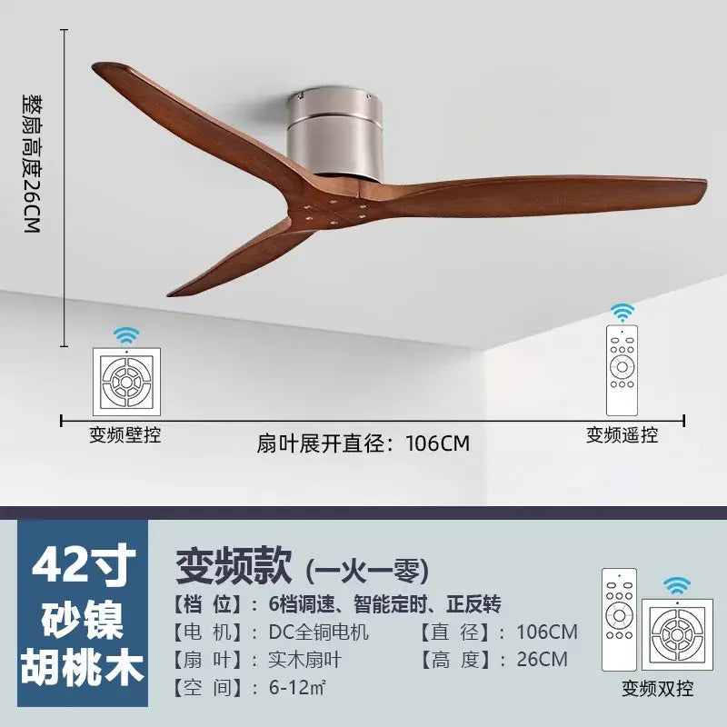 A sleek 42 inch luxury ceiling fan with three dark brown walnut wood blades and brushed metallic motor housing for living room